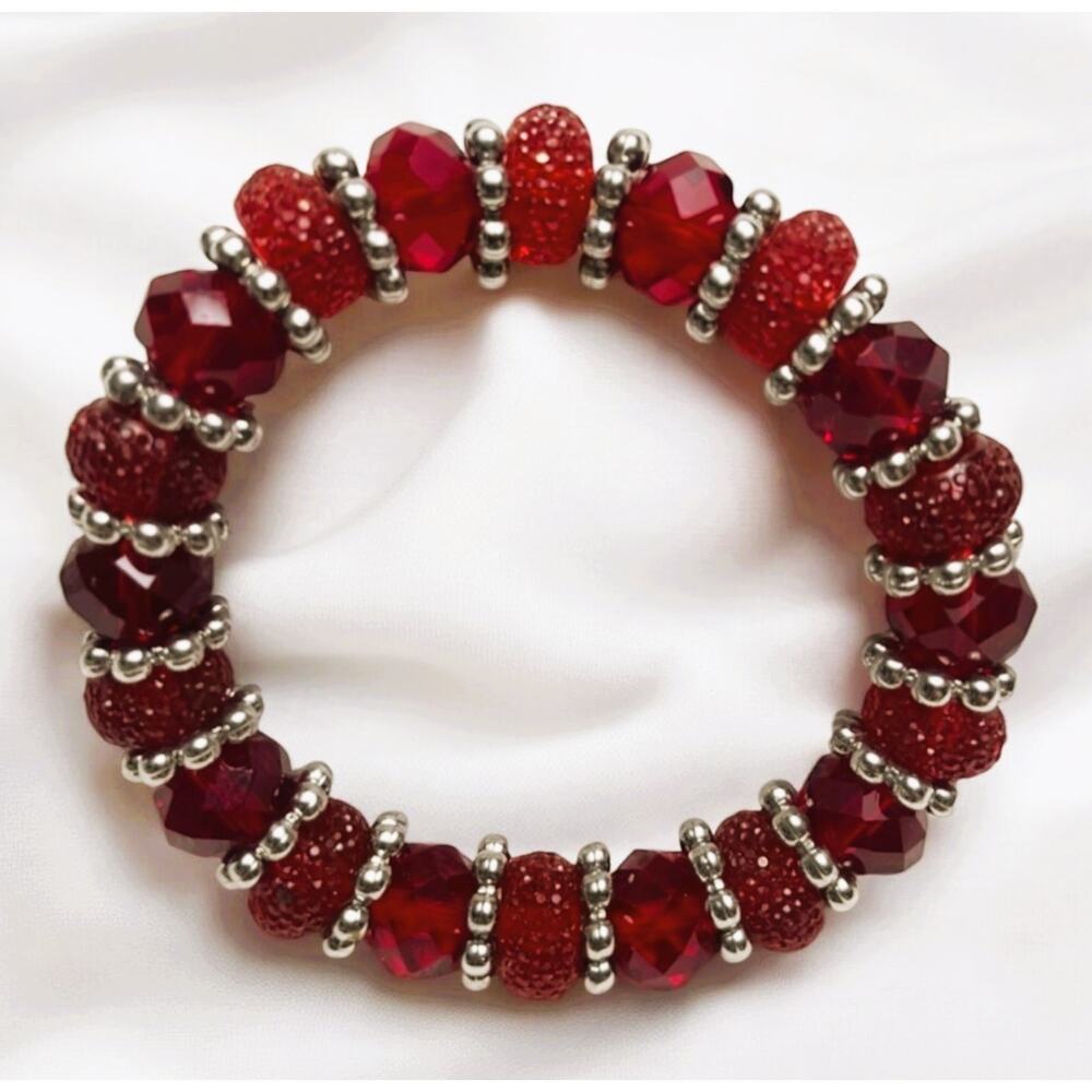 Ruby Red Austrian Czech Crystal Beads & Silver Spacer Stretch Bracelet